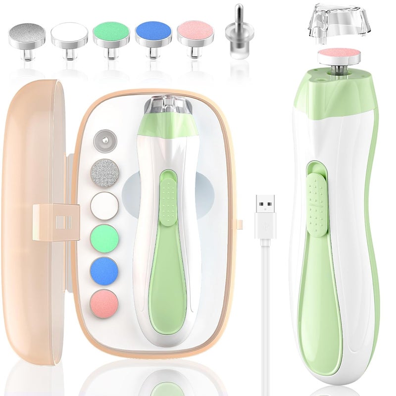 BSRGMS Baby Nail File Electric Baby Nail Care Set with LED Light, Baby Nail Clipper Electric for Newborn/Infants/Adults Toenails and Fingernails, 7 Grinding Head Replacement Pads, Green - Image 1